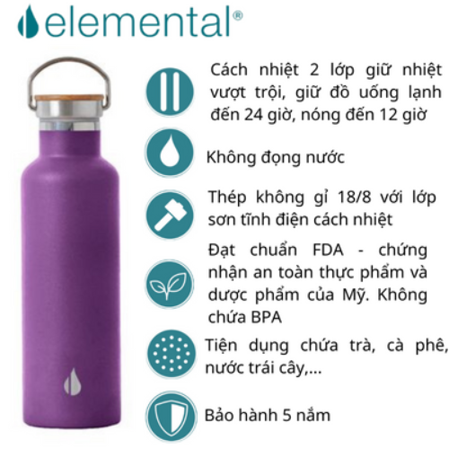 Bình giữ nhiệt Elemental 750ml màu tím đậm, giữ nhiệt vượt trội, inox 304, FDA Hoa Kỳ, nắp gỗ cao cấp