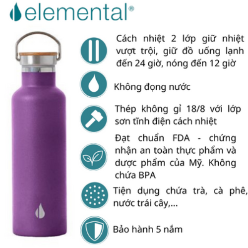 [Hàng chính hãng – Thương hiệu Mỹ] Bình giữ nhiệt Elemental 750ml màu tím đậm, giữ nhiệt vượt trội, inox 304, FDA Hoa Kỳ, nắp gỗ cao cấp