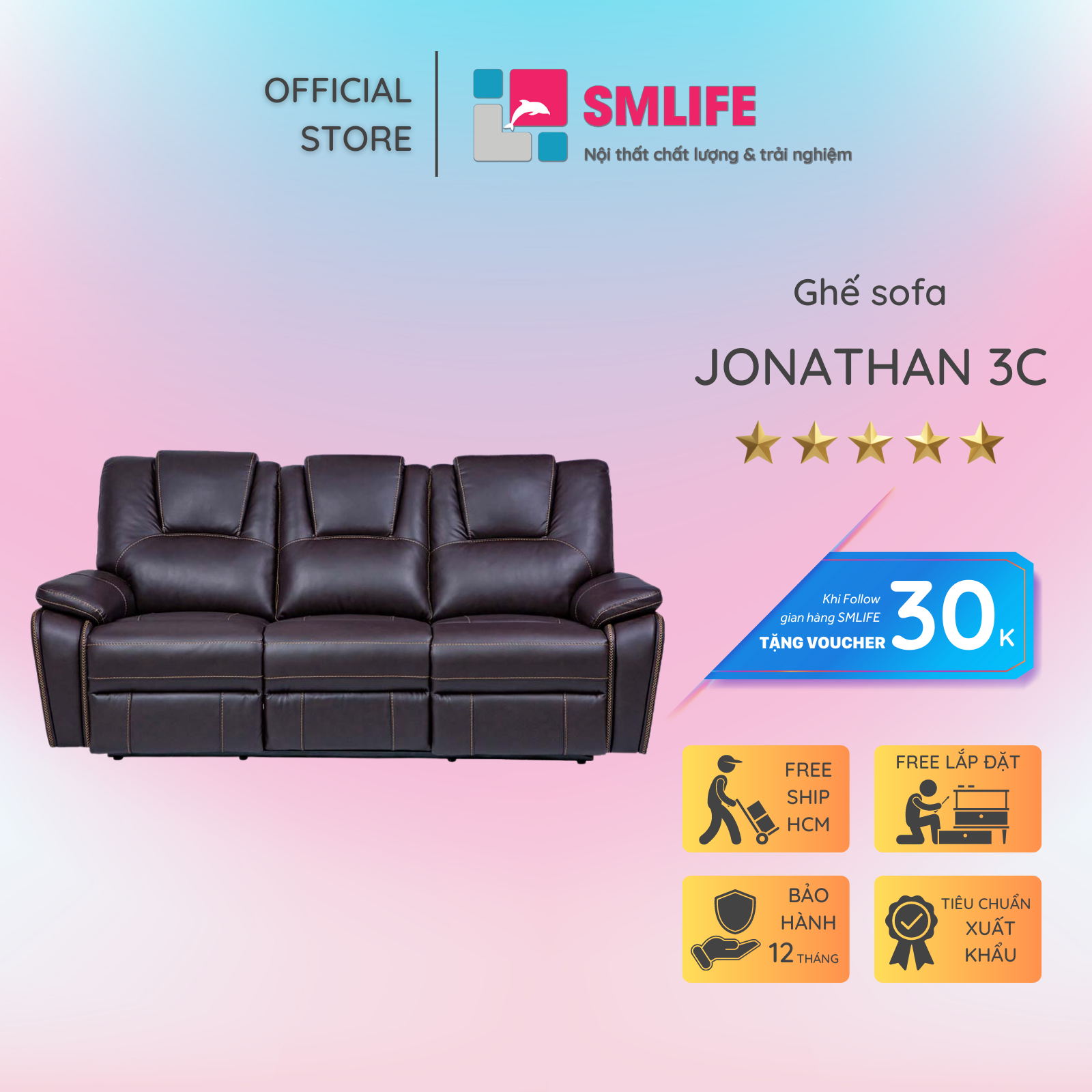 Ghế sofa 3 chỗ ngã lưng thư giãn sang trọng SMLIFE Jonathan 3C | D212 x  R96 x C99cm | nâng hạ lưng ghế