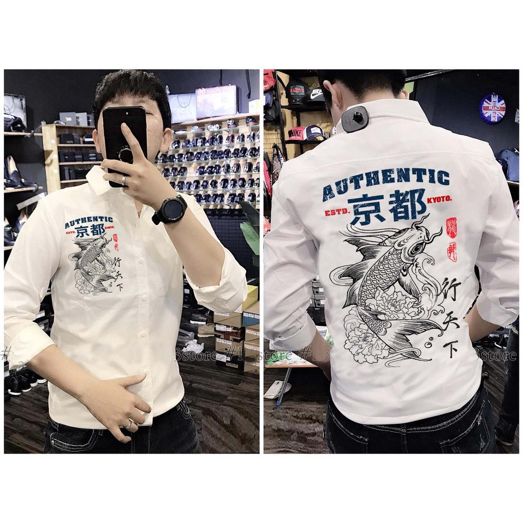Áo Sơ Mi Nam Trắng Họa Tiết Cá Chép Thư Pháp Cao Cấp | Hàng Chuẩn Shop SM04