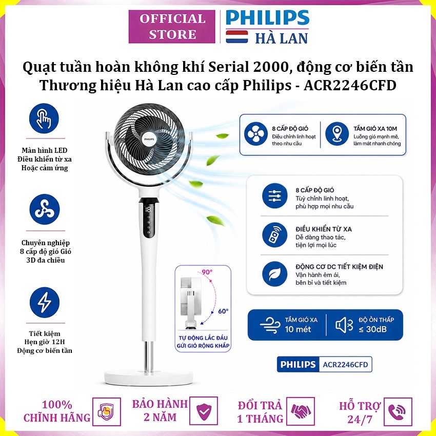 Quạt tuần hoàn không khí 8 cấp độ gió động cơ biến tần DC thương hiệu Hà Lan Philips ACR2246CFD Serial 2000 - Hàng chính hãng