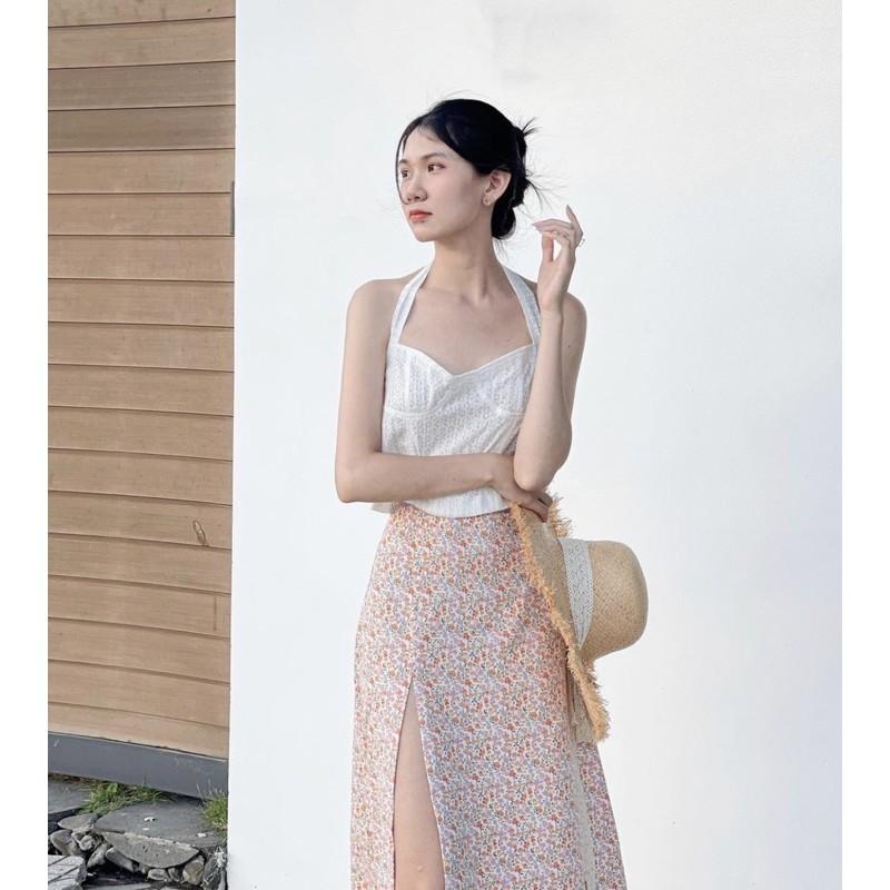 Chân váy hoa lụa dáng xẻ By Gum
