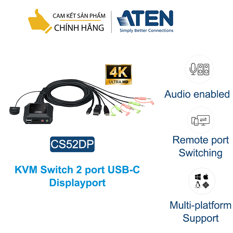 KVM Switch 2 cổng Aten CS52DP cổng USB-C Displayport dạng cable- Hàng chính hãng