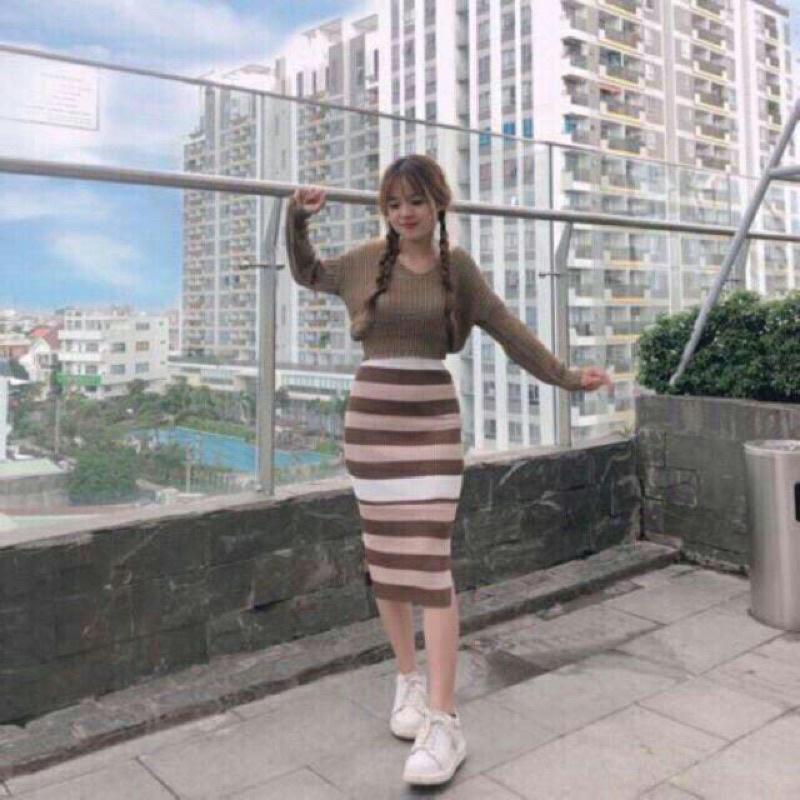 Set váy len body 2 dây kẻ mix áo len dài tay hàng loại dày đẹp