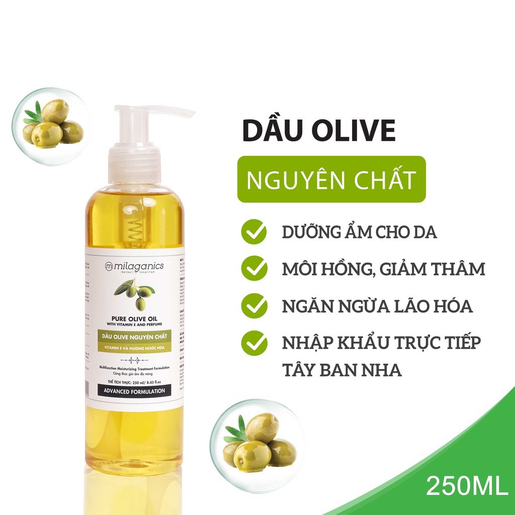 Dầu Oliu Extra Virgin Nguyên Chất Làm Đẹp Dưỡng Da, Dưỡng Tóc, Dưỡng Môi MILAGANICS 250ml (Chai)