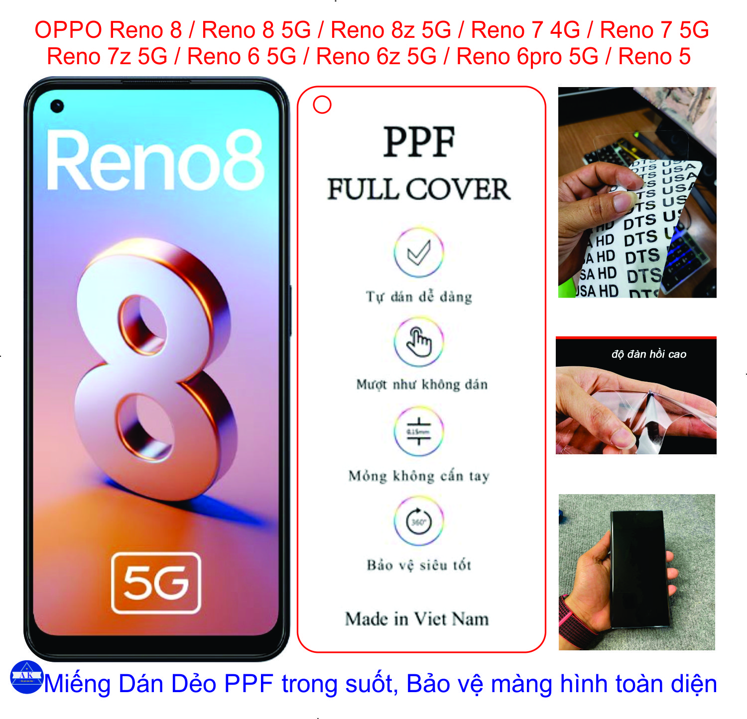 Dán Dẻo PPF Full mặt trước dành cho OPPO Reno 8 / Reno 8 5G / Reno 8z 5G / Reno 7z 5G / Reno 7