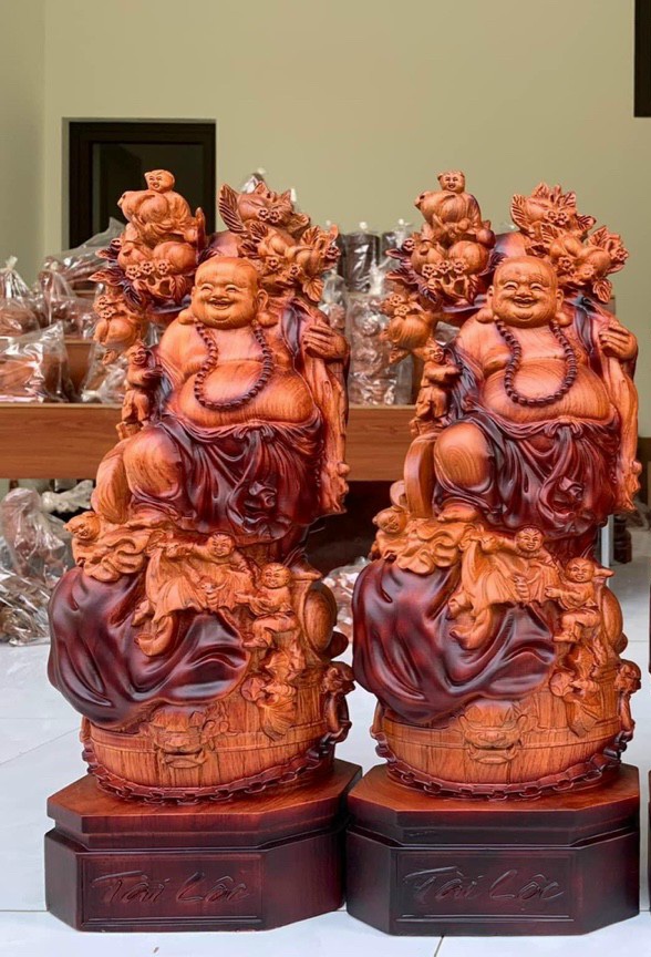 Tượng phật di lặc ngũ phúc bằng gỗ hương đá tô làm mầu giả cổ kt cao 60×24×14cm