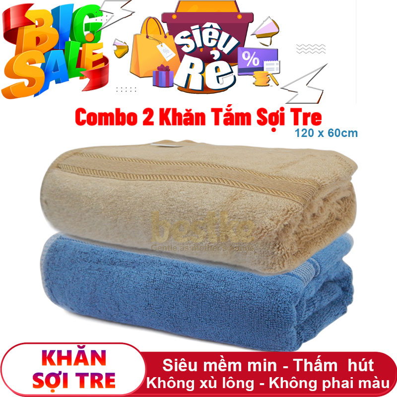 GIẢM SỐC 2 khăn tắm sợi tre cao cấp kích thước 120x60cm =  320g/cái màu xanh và nâu