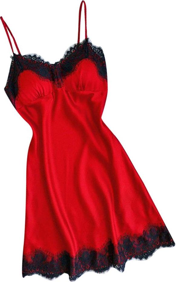 Sexy Women Lace Trim Satin Nightdress Lingerie Sleepwear Red Nightgown Set