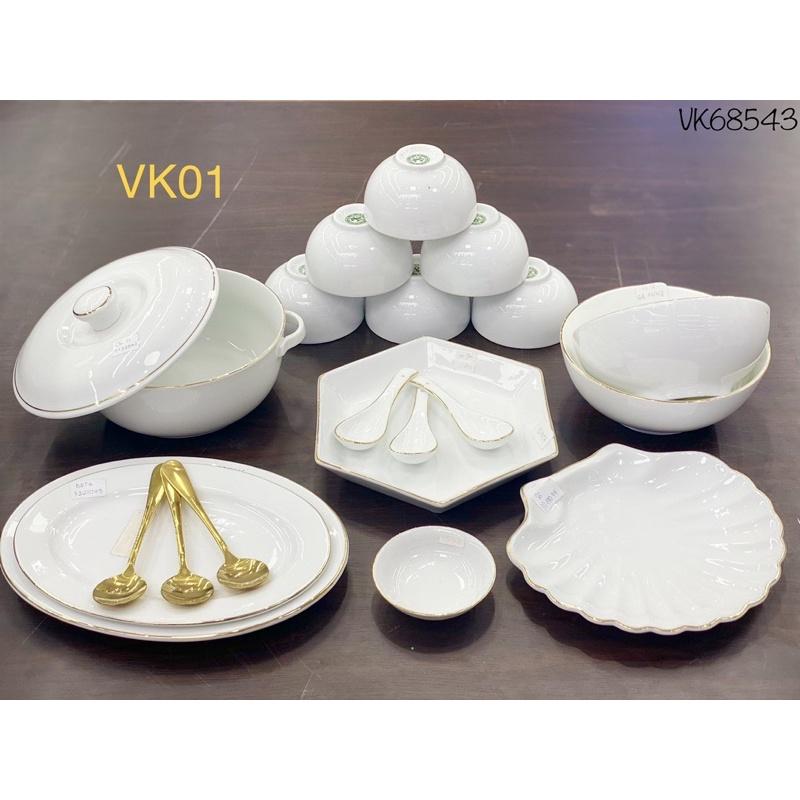 Bộ bát đĩa 15-17 món, men trắng ngọc, viền vẽ vàng kim. Gốm sứ Bát Tràng