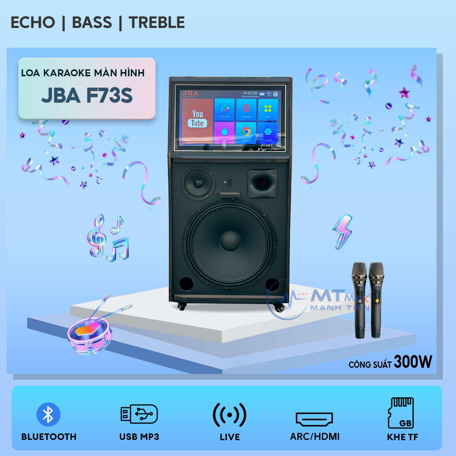 Loa Karaoke Màn Hình JBA F73S - Công Suất Lớn 300W Màn Hình Amoled Mượt Mà Bass Siêu Trầm 40Cm Âm Thanh Mạnh Mẽ Uy Lực Đi Kèm Cặp Micro Không Cao Cấp Bảo Hành 12 Tháng Tặng Kèm Bộ Đèn Led 5m Hàng chính hãng