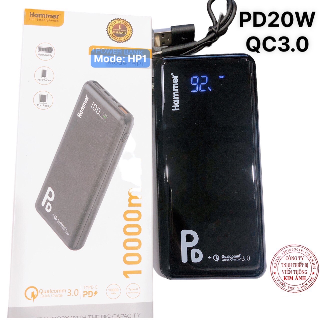 Pin sạc dự phòng Ham mer ( HP1 ) 10.000 mAh, sạc nhanh QC 3.0, PD 20w, màn hình LCD hiển thị pin, Hàng chính hãng