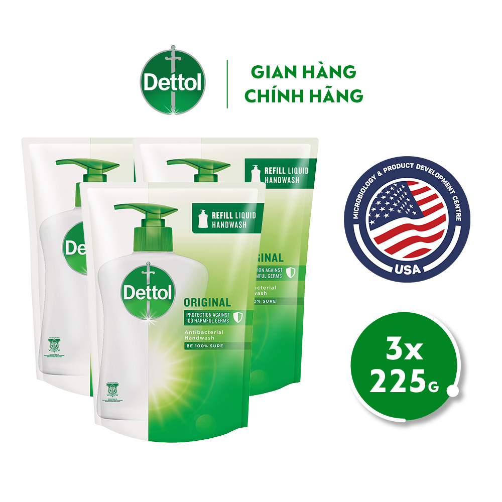 COMBO 3 TÚI NƯỚC RỬA TAY DETTOL KHÁNG KHUẨN – TÚI 225G