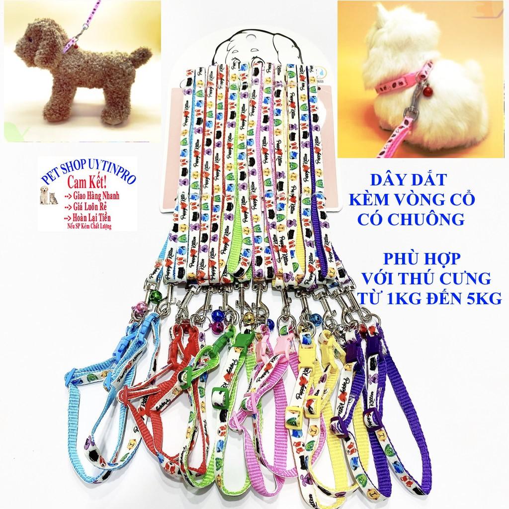 DÂY DẮT KÈM VÒNG CỔ CÓ CHUÔNG CHO CHÓ MÈO THÚ CƯNG DƯỚI 5KG In hình thú puppy kitten Chất liệu dù chắc chắn Bản rộng 1cm
