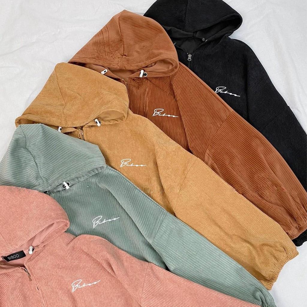 Áo Khoác Nhung THIFU FASHION Nhung Gân Mềm Mịn Tay Phồng, Mặt Lưng In Chữ Biboo Sắc Nét