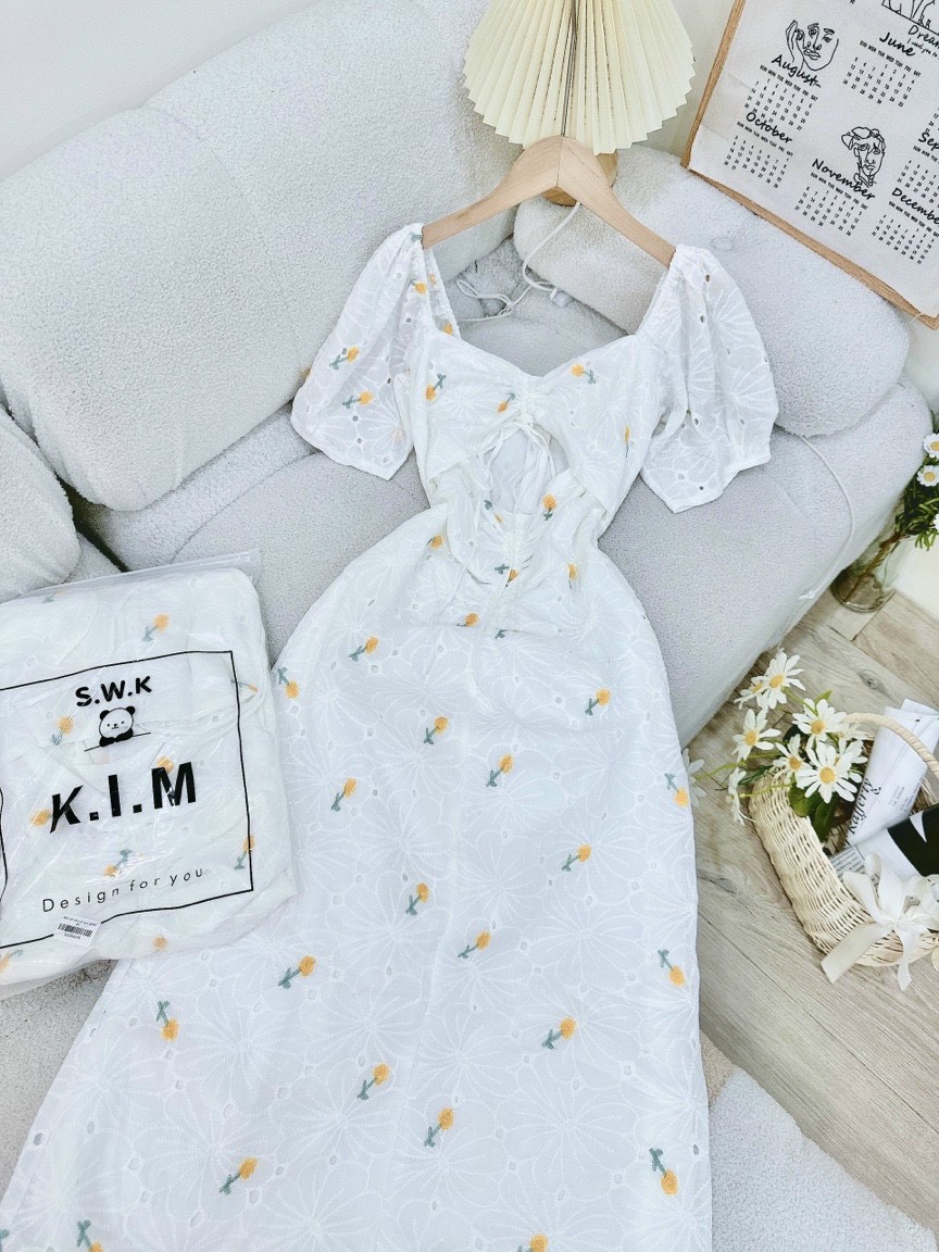 ĐẦN DÀI SUÔNG ÔM BODY CỔ U TRƠN HOA FLORAL DÂY RÚT TAY NGẮN BỒNG MIDI DẠO PHỐ ĐI BIỂN ĐI TIỆC