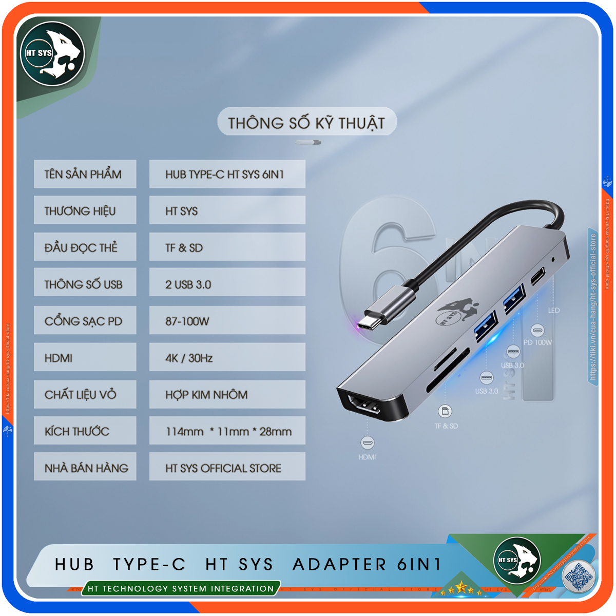 Hub Type C To HDMI HT SYS 6in1 Chuẩn HDTV - Hub Chuyển Đổi USB Type-C 6 Cổng - HDMI 4K, USB 3.0, Sạc Nhanh Type C PD, Khe Đọc Thẻ SD/TF - Kết Nối Tốc Độ Cao - Dành Cho MacBook, Tivi, Laptop, PC, Máy Tính Bảng, Smartphone – Hàng Chính Hãng