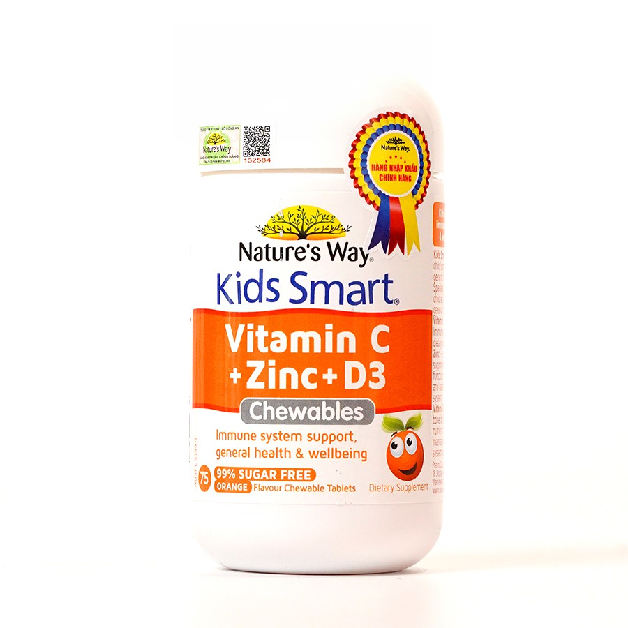 Viên Nhai Nature’s Way Kids Smart Vitamin C+ZinC+D3 Chewable Tablets Cho Bé Phát Triển Toàn Diện 75 Viên