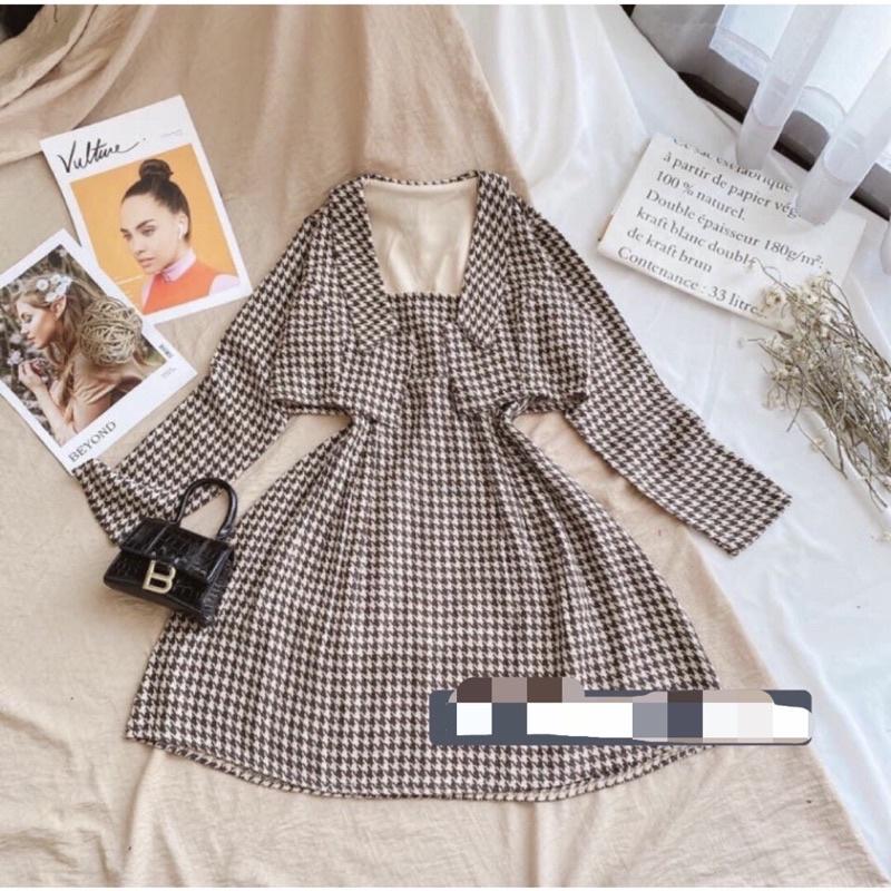 Bộ Váy Dạ Kèm Áo Khoác Croptop Caro, Set Váy Dạ Kèm Khoác Blazer Họa Tiết Caro / Size S-M / Cáo Hồng Shop