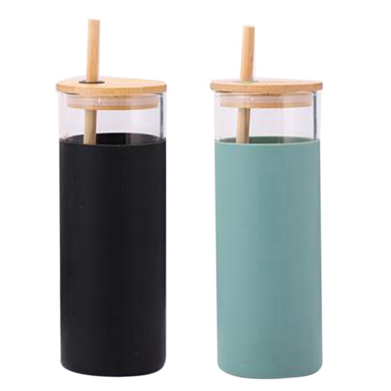 2 Pcs Bamboo Cover Glass Cup with Bamboo Straw Glass Juice Cup Silicone Sleeve Glass Water Cup Leak-Proof Black Green