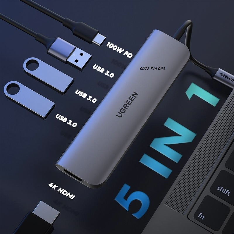 Bộ chuyển cổng USB Type-C sang HDMI, 3 USB3.0, PD Ugreen (5 in 1) - hàng chính hãng Full vat