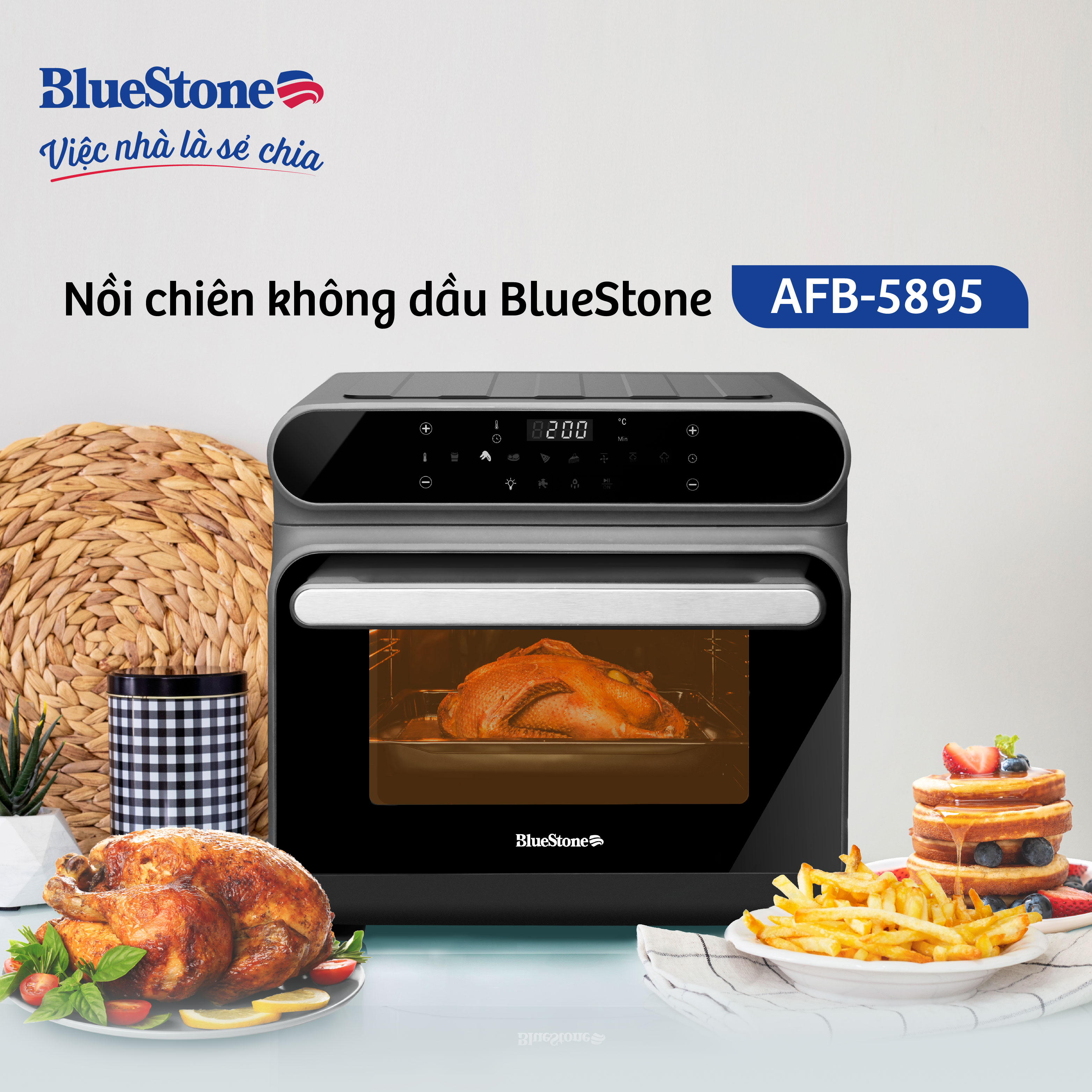 Nồi Chiên Không Dầu Kết Hợp Hấp BlueStone AFB-5895 - Dung Tích 24 Lít - Công Suất Chiên 1650W, Hấp 985W - Bảo hành 2 năm - Hàng chính hãng