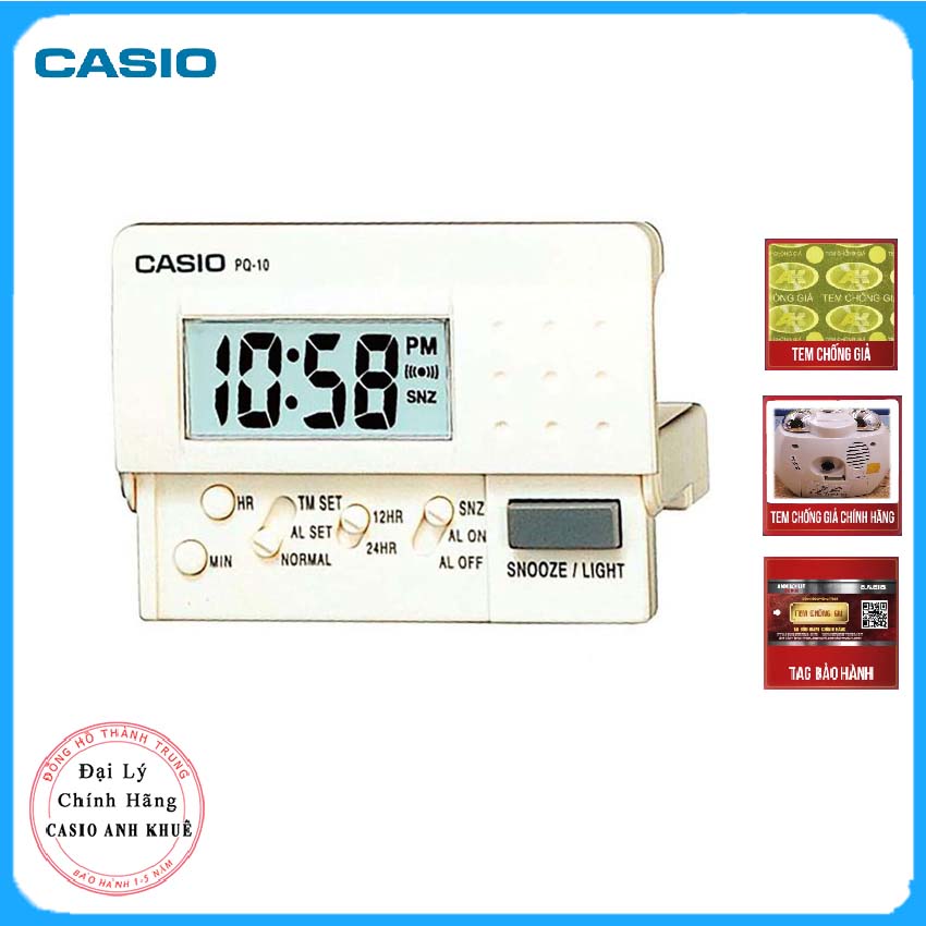 Đồng Hồ Báo Thức Du Lịch - Để Bàn Có Đèn LED Casio PQ-10-7R Màu Trắng ( 8 x 6cm)