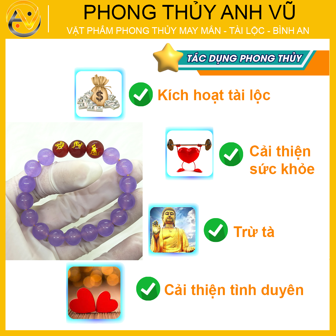 Vòng tay phong thủy mệnh hỏa cho nữ tam hợp dần ngọ tuất - chất liệu mã não tím tự nhiên - size 8 10ly - có khai quang điểm nhãn may mắn tài lộc - PHONG THỦY ANH VŨ