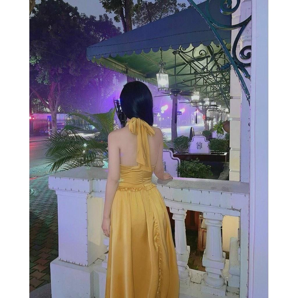 Đầm Maxi Hở Lưng - Váy Xoè Cổ Yếm Thắt Nơ Dáng Xòe Cách Điệu Nữ Tính, Chất Liệu Lụa Xướt Hợp Đi Biển
