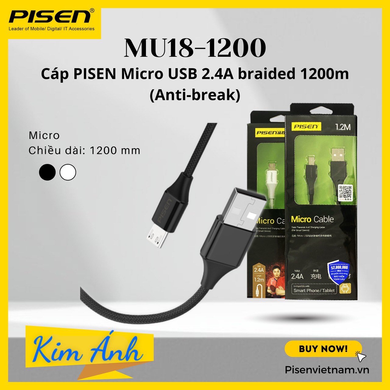 Dây sạc nhanh PISEN Micro USB 2.4A braided 1200m (Anti-break)- (MU18-1200), dây dù chống rối, hàng chính hãng