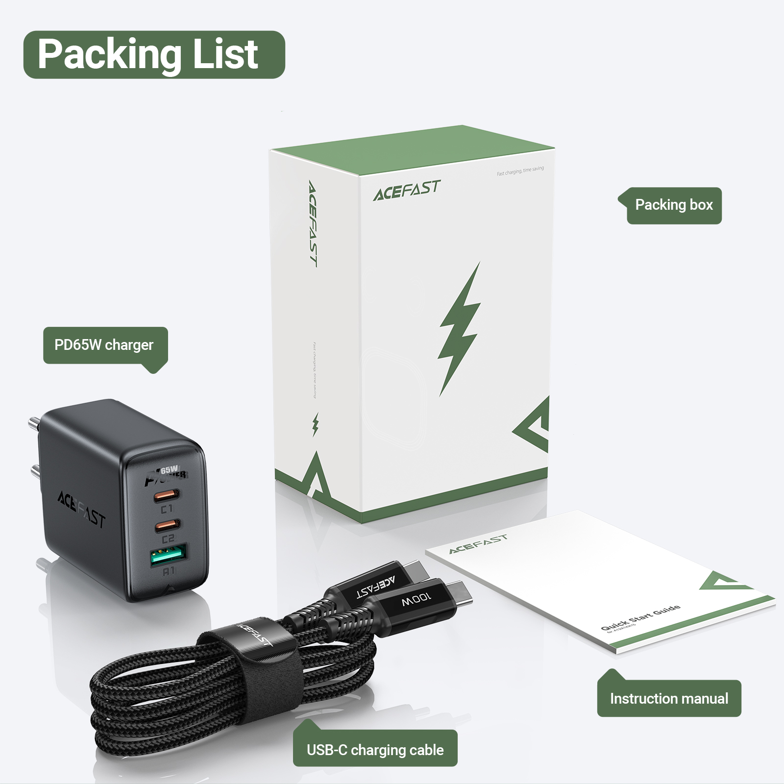Sạc Acefast PD3.0 65W 3 cổng USB-C+USB-C+USB-A - A13 Hàng chính hãng Acefast