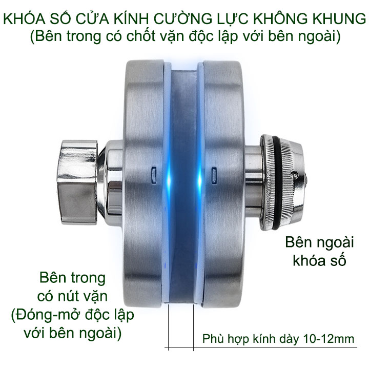 Khóa số cửa kính cường lực không khung bằng inox 304, khóa ngoài, chốt vặn trong