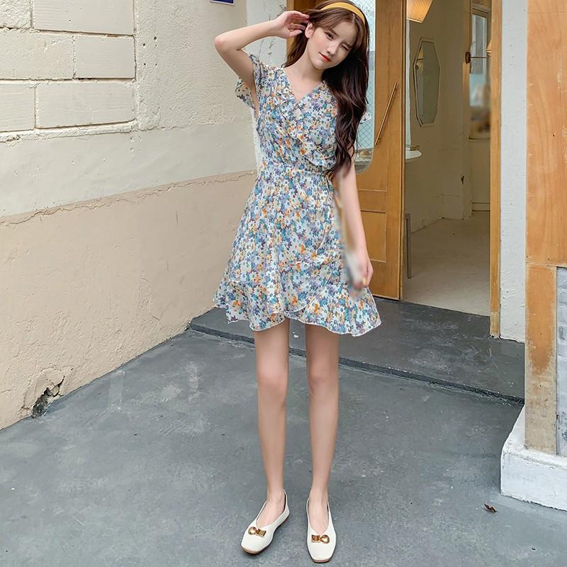 Đầm Nữ Ngắn Tay Cổ Chữ V In Hoa Thời Trang