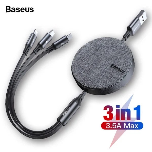 Cáp sạc dây rút Baseus Fabric 3-in-1 Flexible Cable tích hợp 3 đầu- Hàng chính hãng