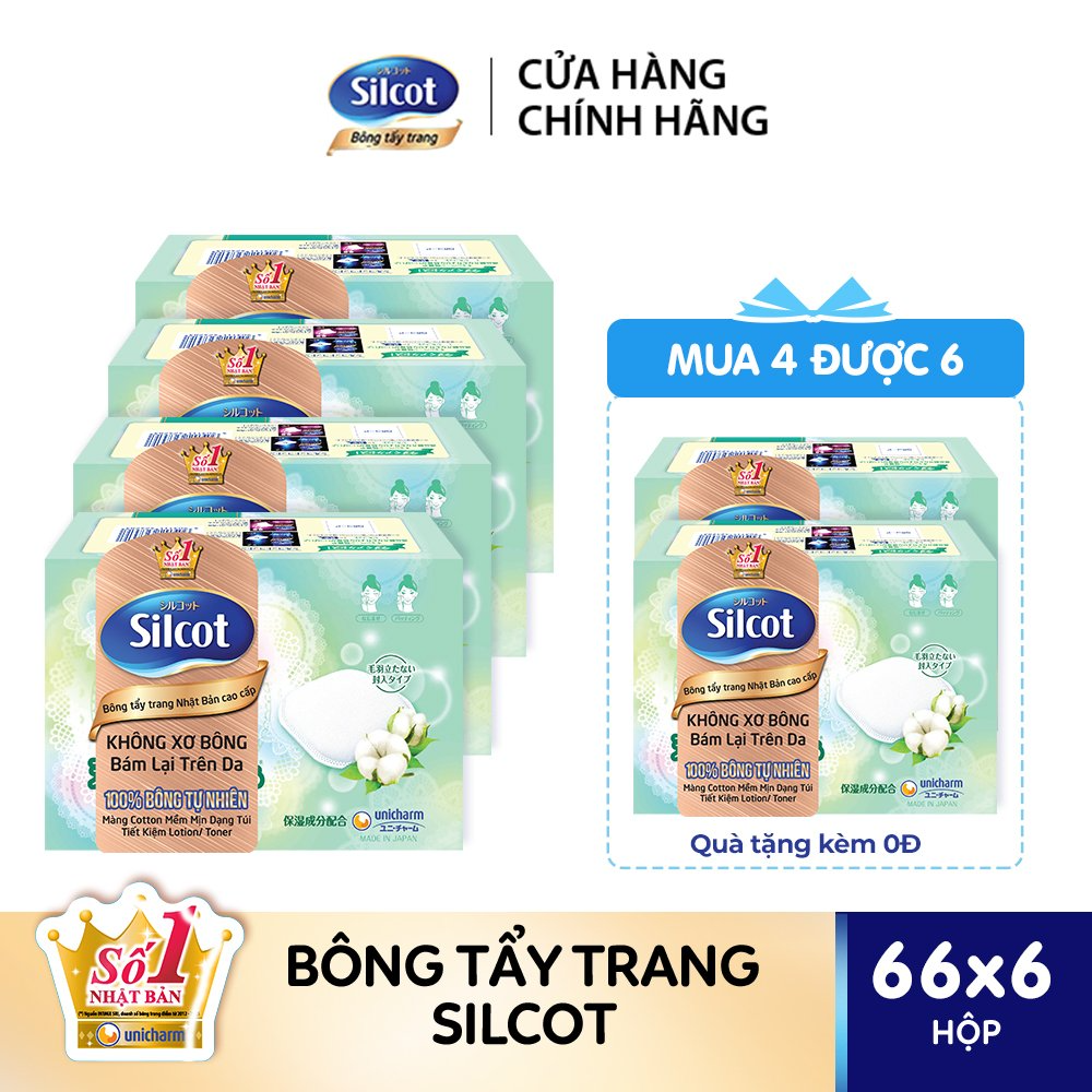 Bộ 4 Bông tẩy trang cao cấp Silcot Premium hộp 66 miếng tặng 2 hộp Silcot cùng loại