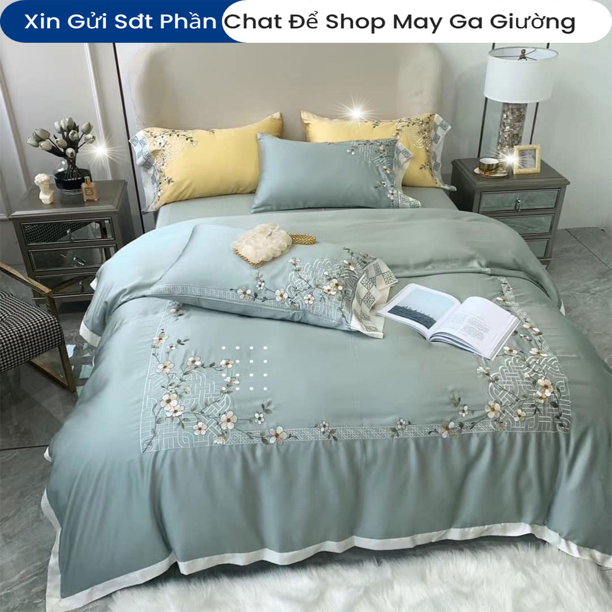 Bộ Chăn Ga Gối Đệm Lụa Tencel 100s Thêu Hoa 5 Món ANNA NGUYÊN Cao Cấp Chăn Chần Bông Lụa Mềm