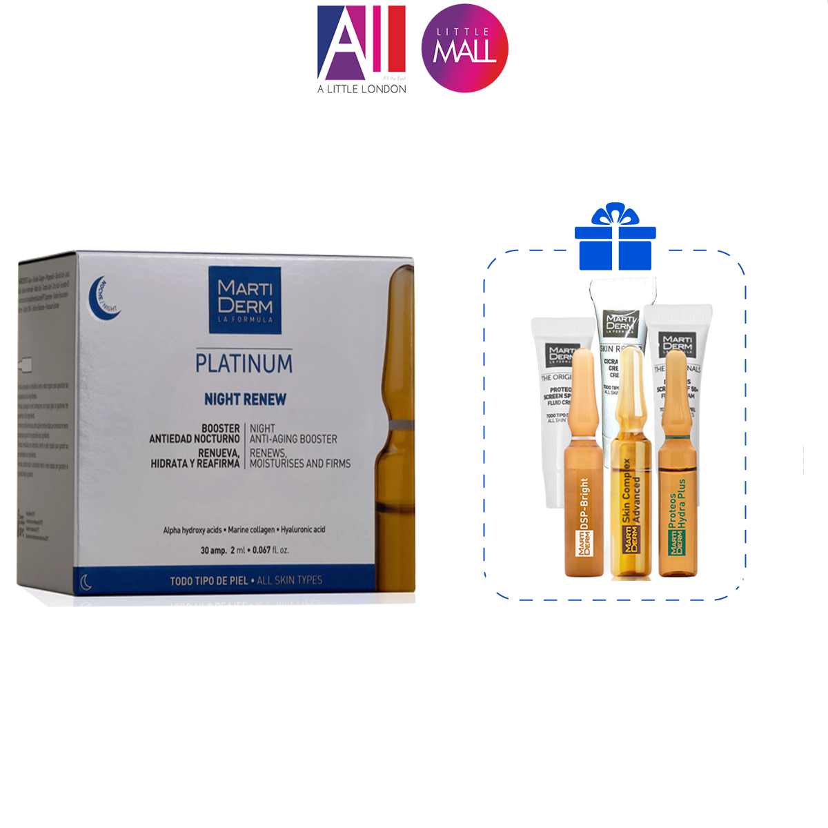 Hộp 30 ống tinh chất lão hoá & tái tạo da ban đêm MartiDerm Platinum Night Renew Ampoule TẶNG tinh chất Martiderm