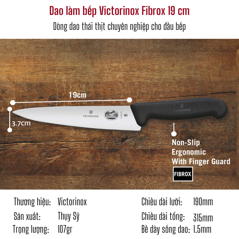 Dao Làm Bếp Chuyên Thái VICTORINOX Fibrox Lưỡi 19cm Thép Không Gỉ Tay Cầm Nhựa TPE Cao Cấp - Sản xuất tại Victorinox Thụy Sỹ