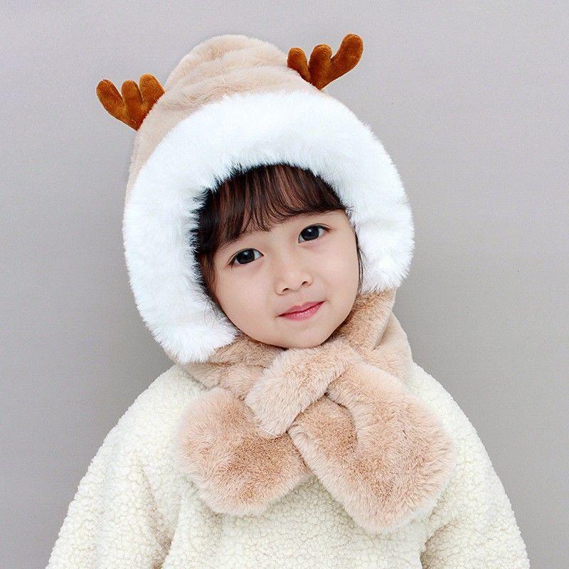 Mũ trẻ em lót lông sừng hươu cute kèm khăn siêu ấm