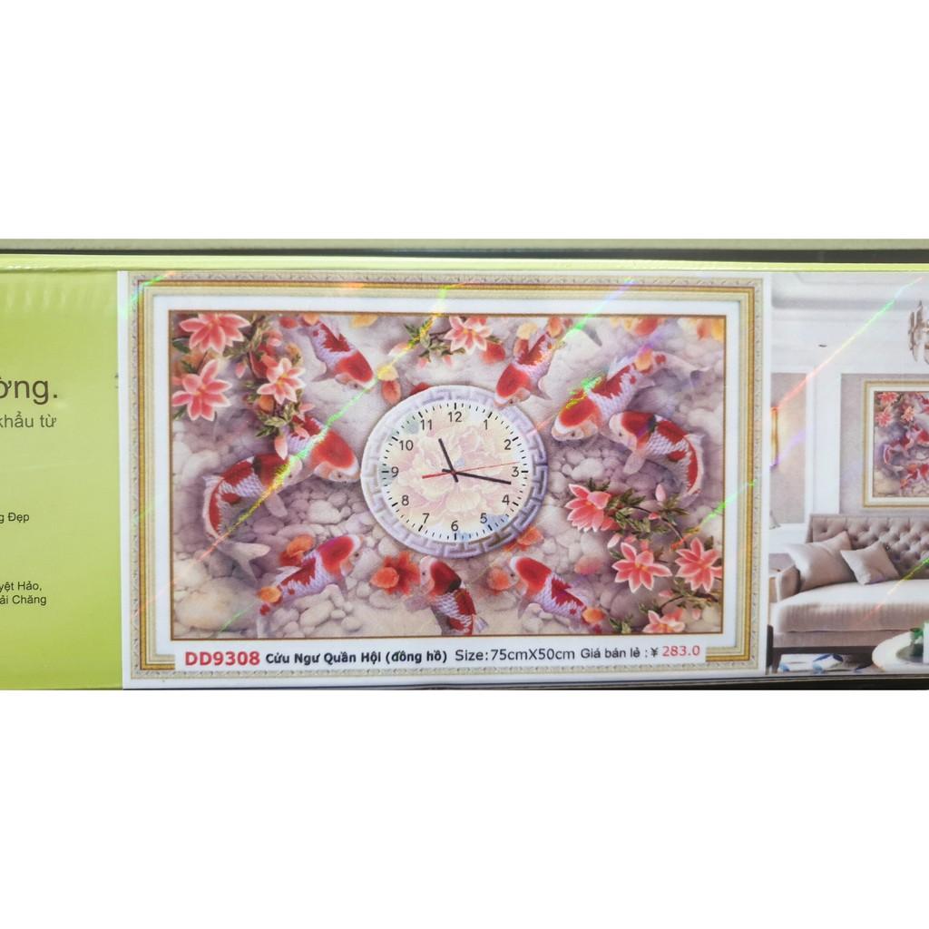 Tranh Đính Đá Đồng Hồ CÁ CỬU NGƯ QUẦN HỘI . Kích Thước: 75cm x 50cm