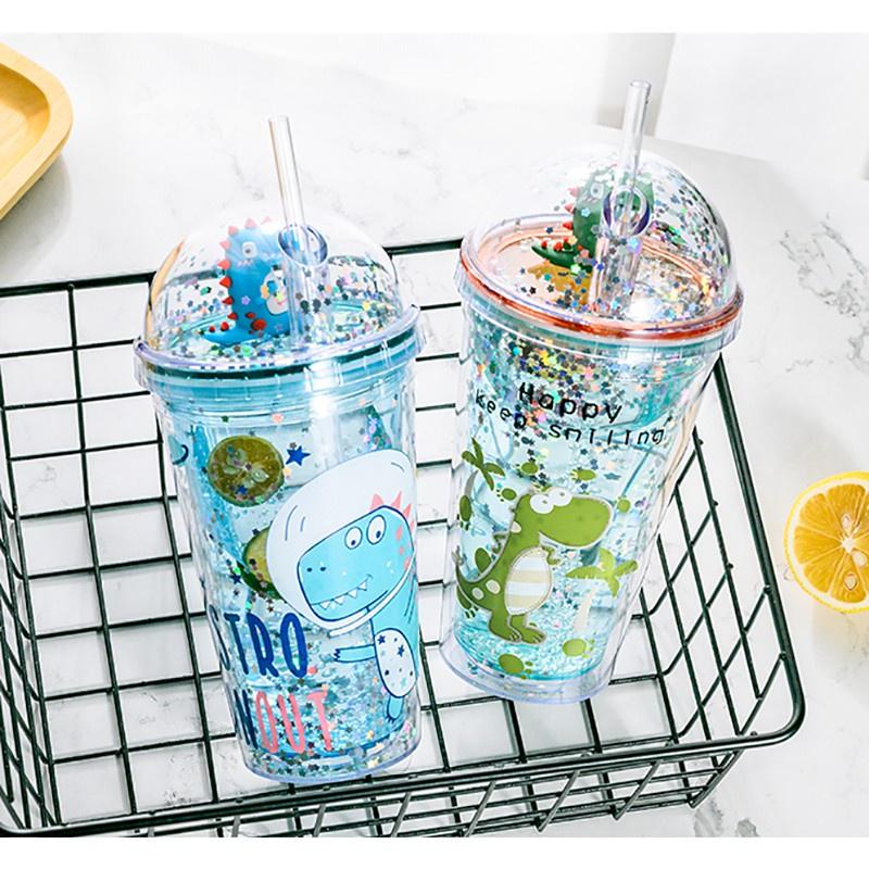 LY ĐỰNG NƯỚC PHA LÊ HÌNH KHỦNG LONG 2 LỚP CÁCH NHIỆT 450ML XINH XẮN KÈM ỐNG HÚT TIỆN LỢI