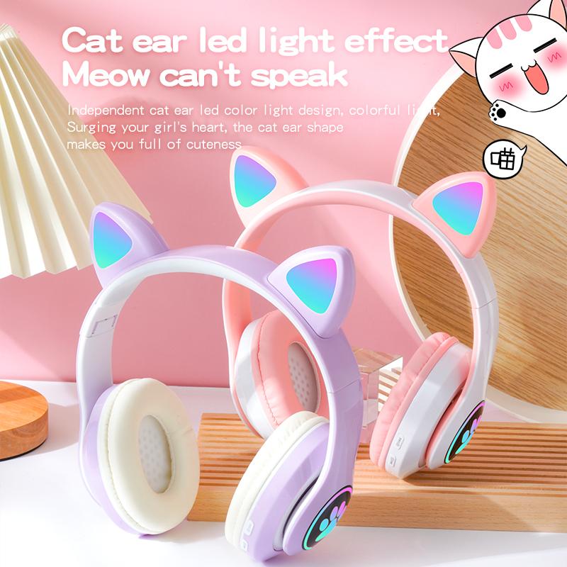 Đèn Flash LED Mèo Tai Tai Nghe Bluetooth Bé Gái Âm Nhạc Không Dây Bảo Hiểm Thẻ TF Tai Nghe Gaming Chụp Tai Kèm Mic Tai Nghe Điện Thoại quà Tặng