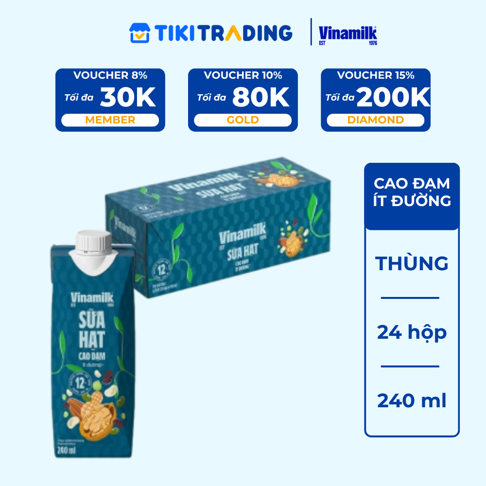 Thùng 24 hộp sữa hạt cao đạm ít đường Vinamilk 240ml