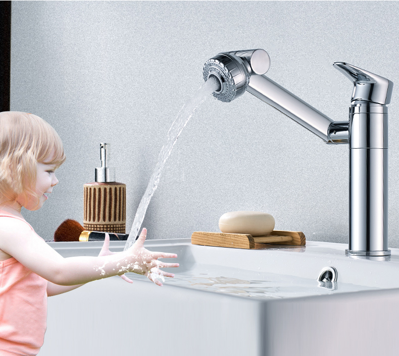 Vòi rửa mặt Lavabo cổ xoay 720 độ đa chiều, củ đồng, thân ngắn, mạ Crom, điều chỉnh nhiều chế độ tia nước Minh House