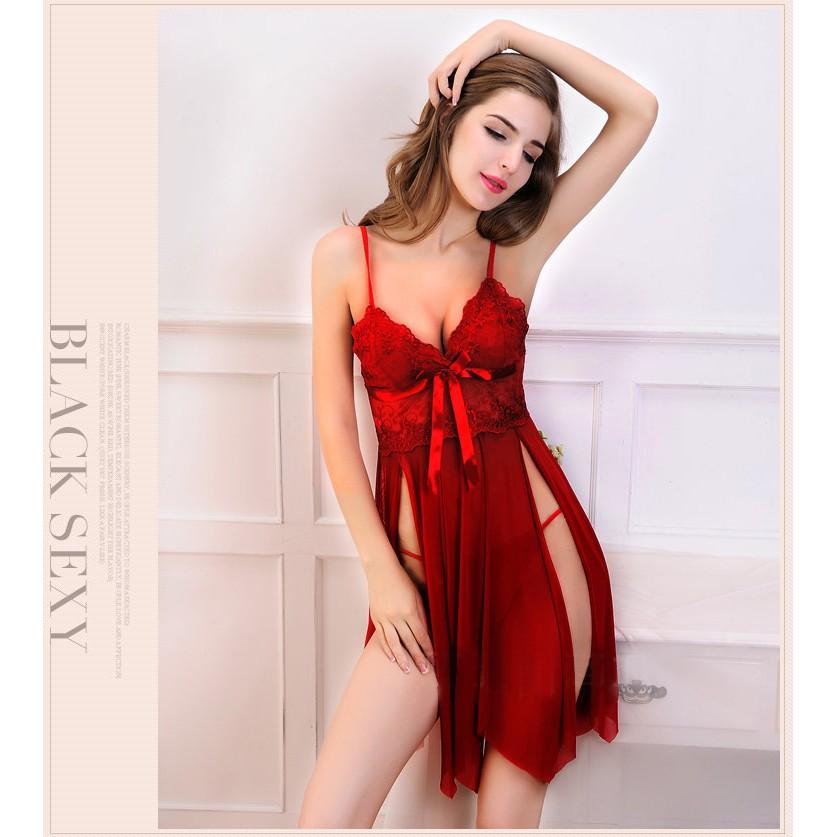 Đầm ngủ 2 dây ngực thắt nơ xẻ tà gợi cảm CDAN37 - Đen