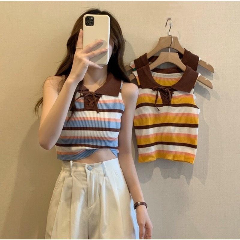 [L2M] Áo len Montoghi dệt kim CỔ NÂU có DÂY RÚT CỔ 3 lỗ kẻ sọc xinh xắn