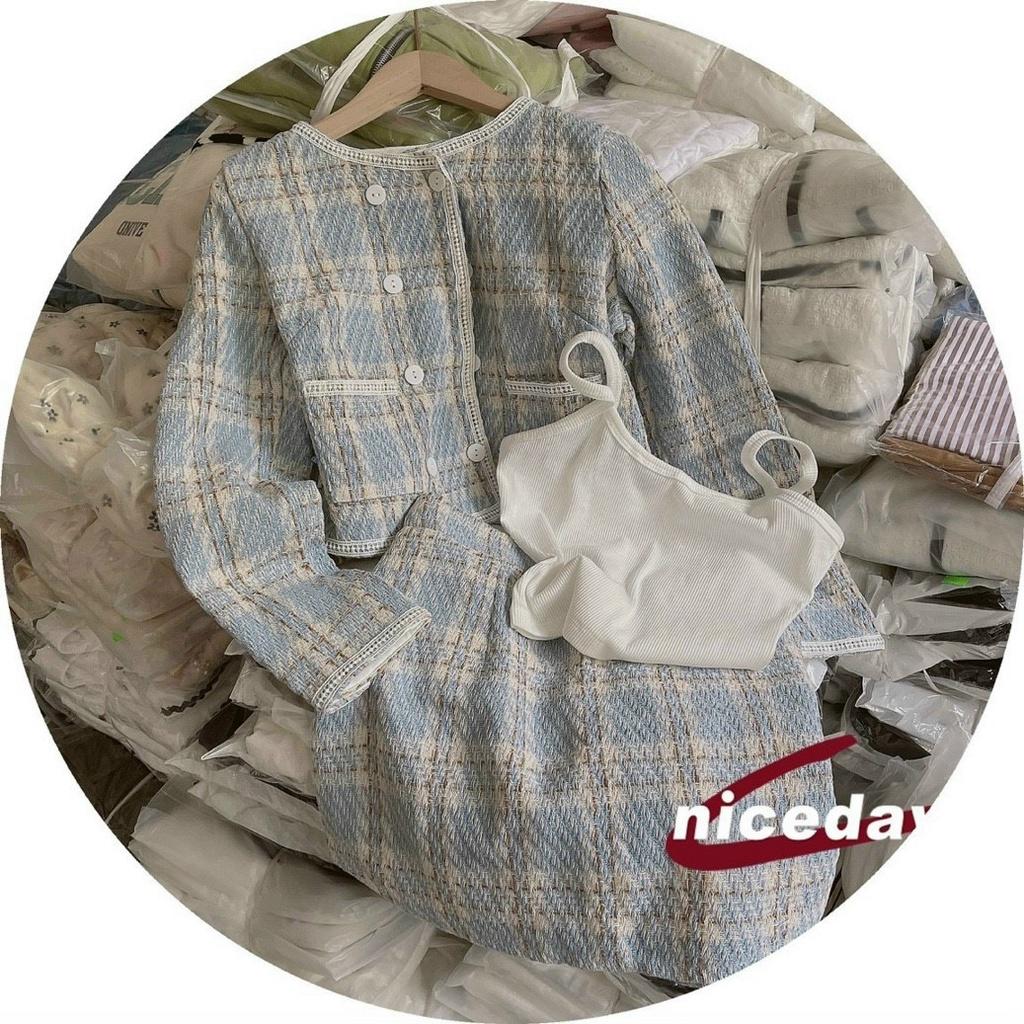 Set dạ 3 món xanh da khoác tweed áo  dây trắng kèm chân váy ngắn cá tính dịu dàng năng động