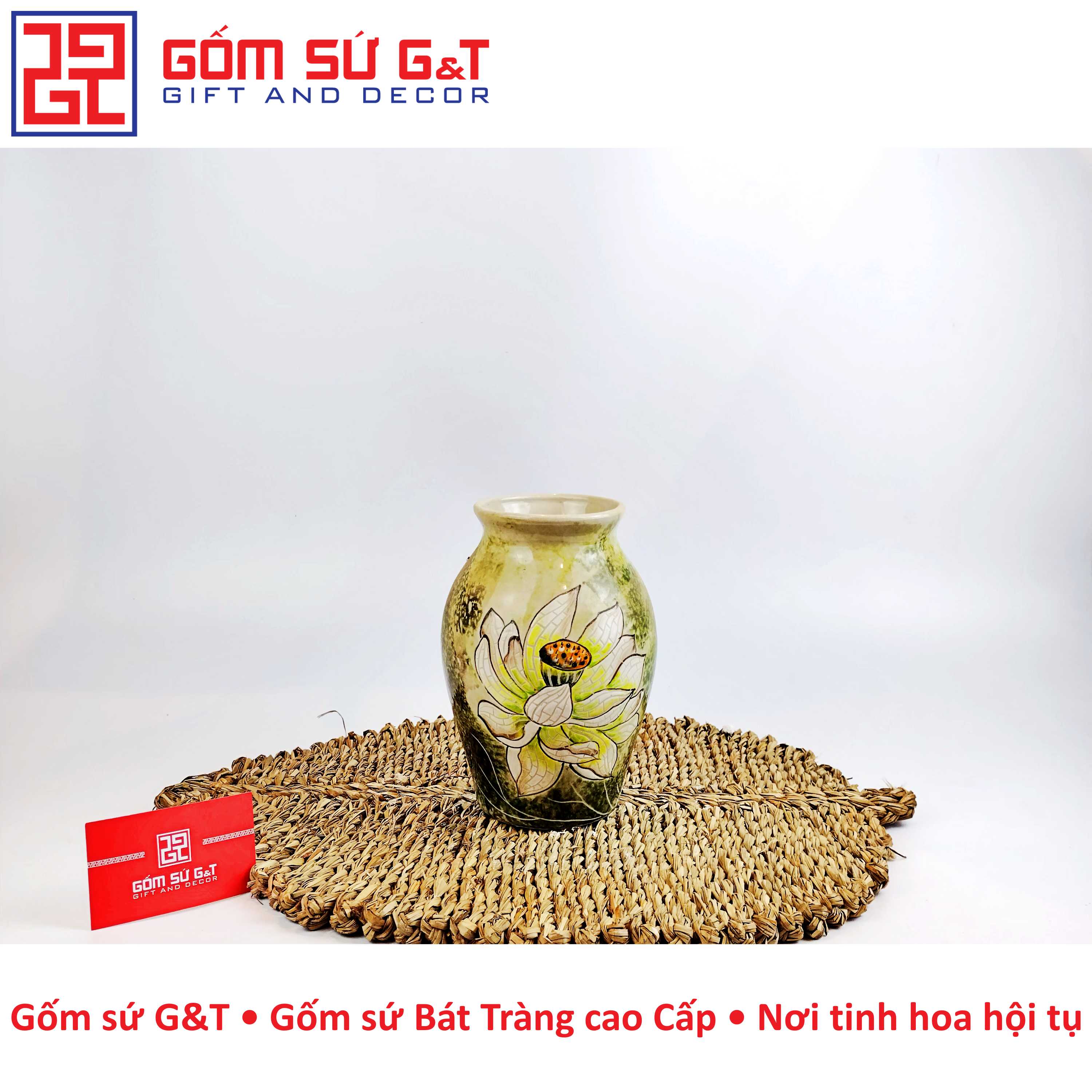 Lọ hoa dáng đu đủ vẽ bạch liên Gốm Sứ G&amp;T