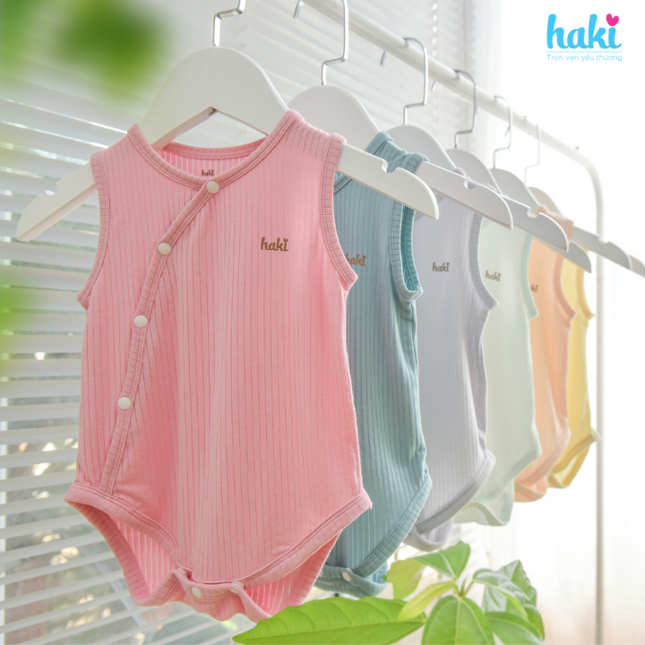 Bộ bodysuit sát nách, cài chéo vải gỗ sồi cao cấp BM009 set body cho bé trai bé gái chất liệu Modal hàng chính hãng HAKI