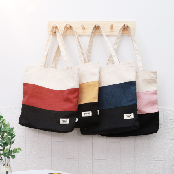 Túi tote vải canvas phom đứng phối sọc 3 màu thời trang COVI nhiều màu sắc T9